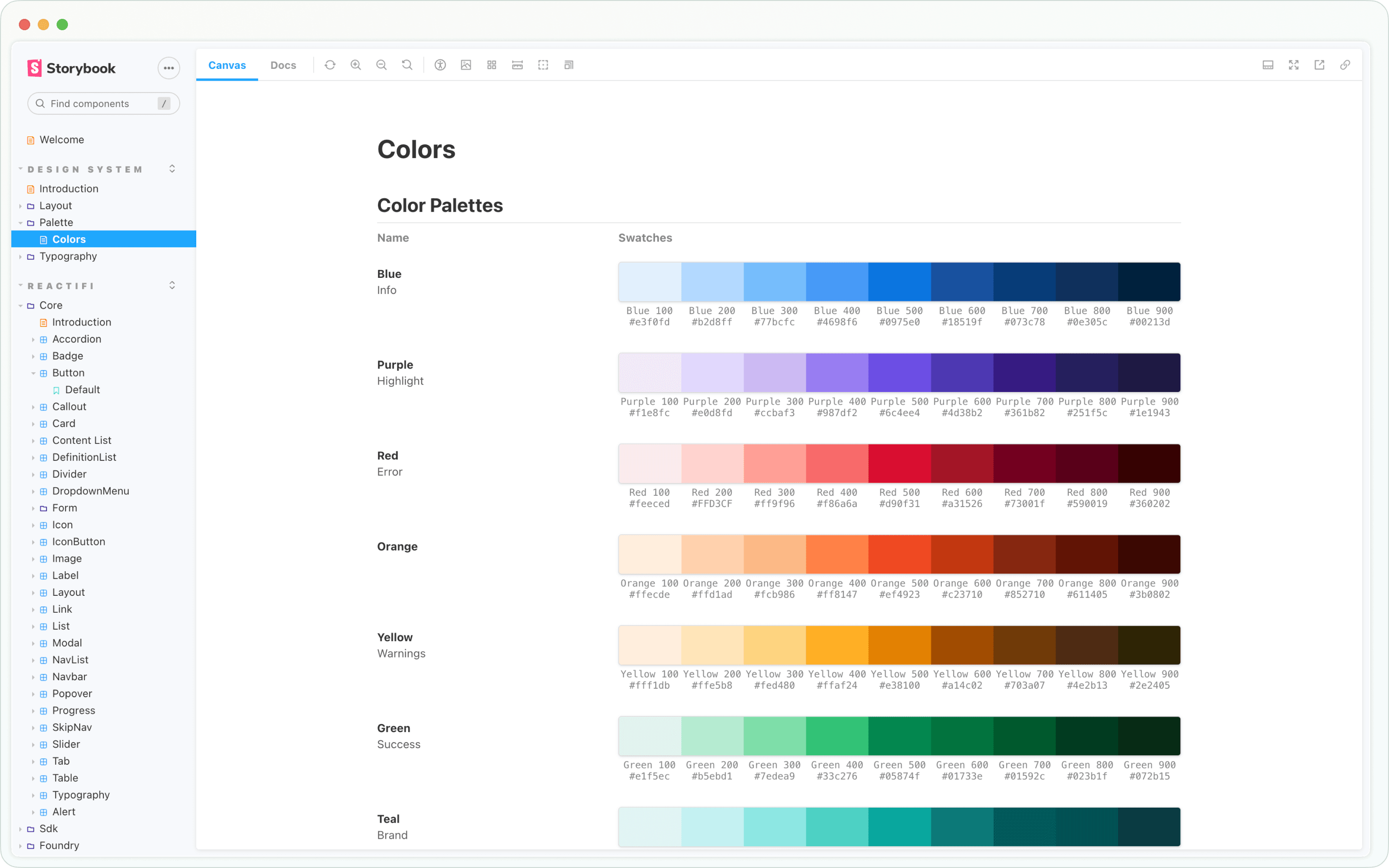 Base color palette tokens in Storybook